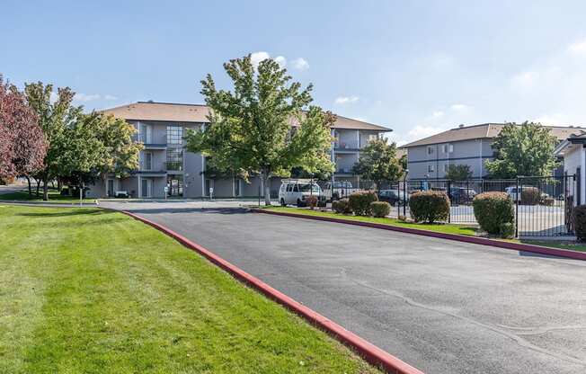 an empty street in front of an apartment building  at Shoreline Village, Richland, Washington