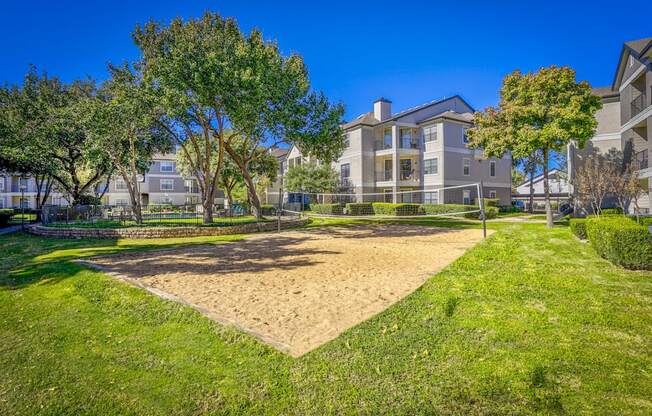 A sand volleyball court surrounded by a grassy lawn and trees at Saxony at Chase Oaks Apartments in Dallas, TX, providing an outdoor activity space for residents.
