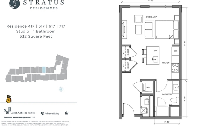 Studio, 1 bath, 531 sqft, $2,800, Unit 617