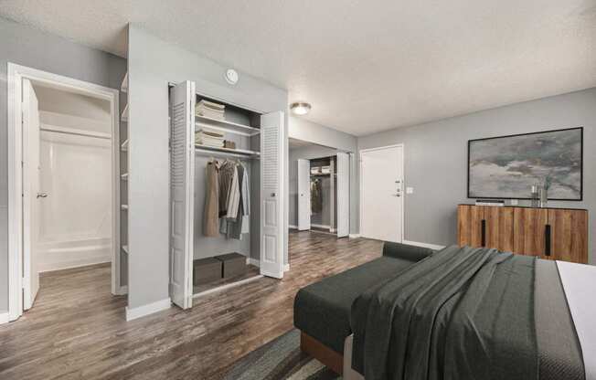 a bedroom with a bed and a closet