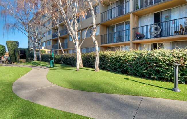 Apartments for Rent in Redwood City, CA - Avenue Two - Dog Park with Manicured Grass, Trees, and Cement Walking Path at Avenue Two Apartments, California