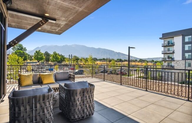 Community patio with lounge chairs