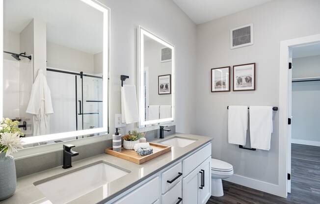 a bathroom with two sinks and a large mirror