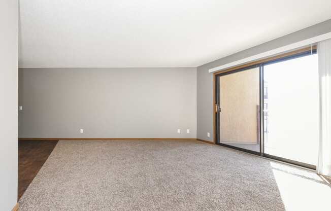 St. Louis Park, MN Courtyard Apartments. A bedroom with a carpeted floor and a sliding glass door to a balcony