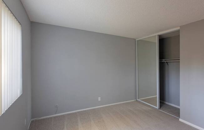 an empty living room with a mirrored closet door
