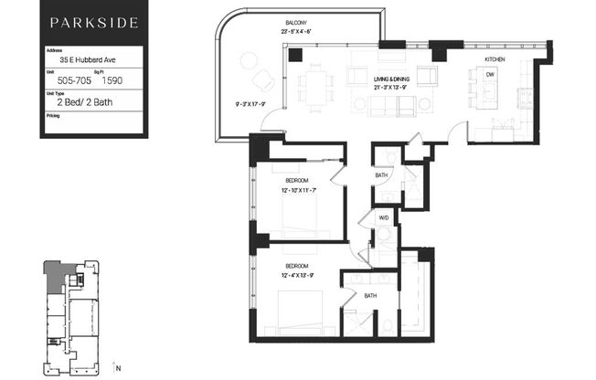 2 beds, 2 baths, 1,590 sqft, $4,495, Unit 505