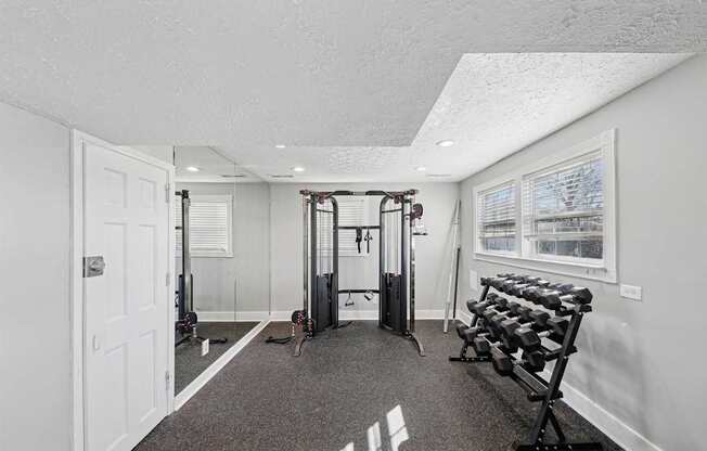 A home gym with a variety of equipment including a squat rack, bench, and dumbbells.