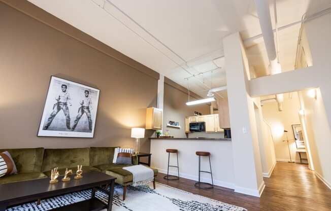 Living Room With Kitchen at Harness Factory Lofts and Apartments, Indianapolis