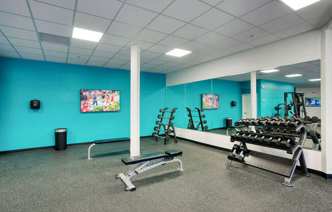 the gym is equipped with weights and cardio equipment at Presidio Palms Apartments, Tucson, Arizona