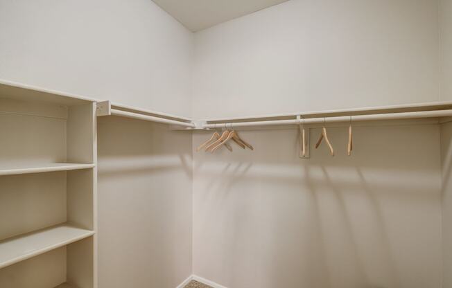 a walk in closet with shelves and hangers