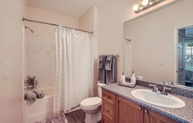 a bathroom with a sink toilet and shower and a mirror