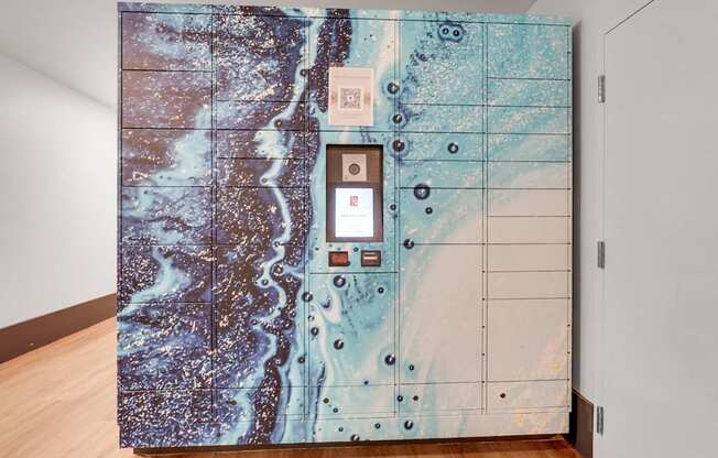 A large safe with a blue and brown marbled pattern is installed in a room.