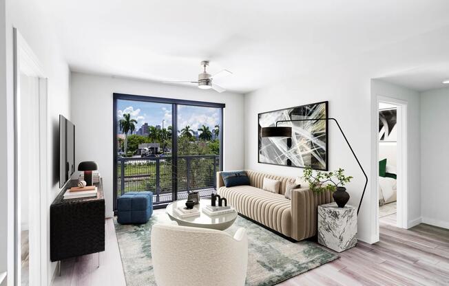Stylish living spaces at Modera Aventura blend sleek design with views of Miami’s tropical landscape.