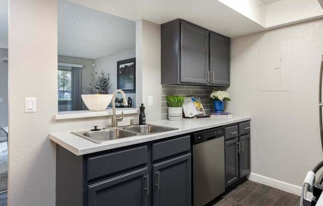 a kitchen with black cabinets and a sink and a window