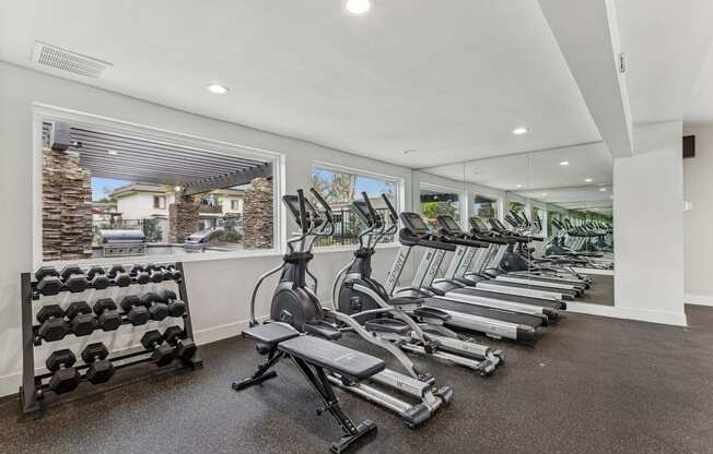 A gym with treadmills, weights, and exercise equipment.