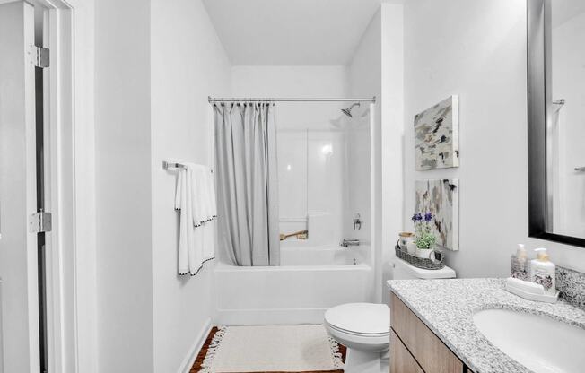 a bathroom with a shower and a toilet and a sink