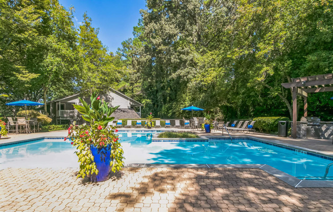 a swimming pool with trees and a resort style pool