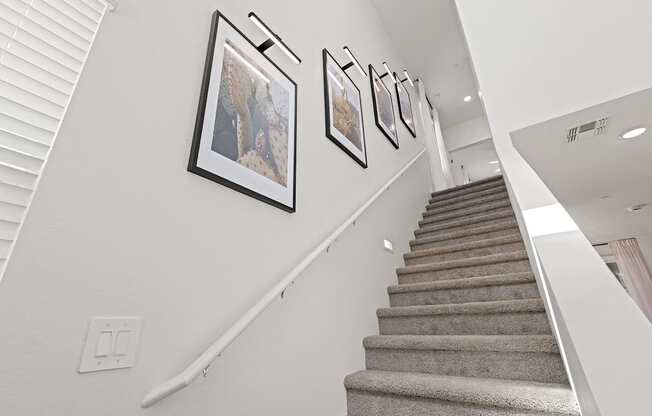 A staircase with a carpeted runner and a white handrail.