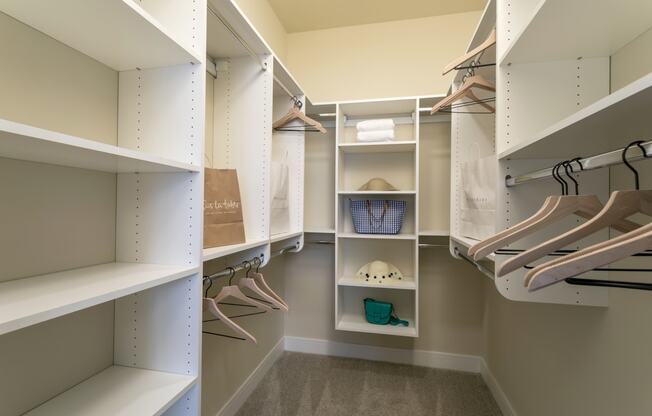 a walk in closet with shelves and shoes at Aster Apartments, Ohio, 44122