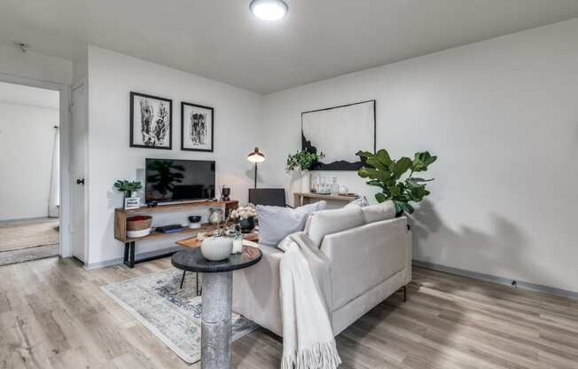 a living room with white walls and hardwood floors