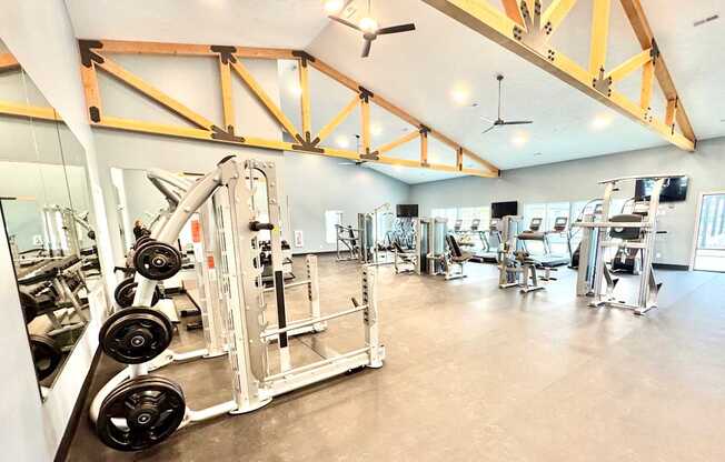A gym with a variety of equipment including a weight rack and a squat rack.