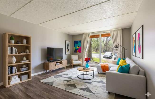 A living room with a grey couch, a coffee table, a television, and a bookshelf.