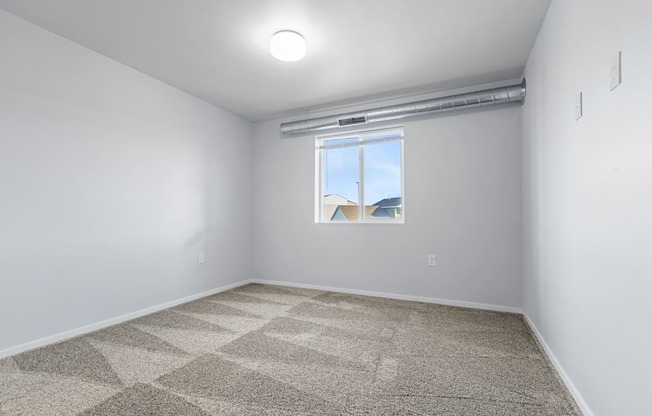 A room with a carpeted floor and a window showing a view of a house.