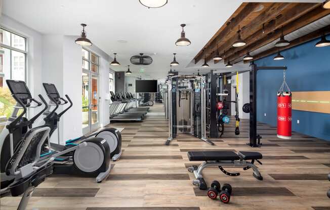 a gym with cardio equipment and weights  at Abberly Noda Vista Apartment Homes, North Carolina