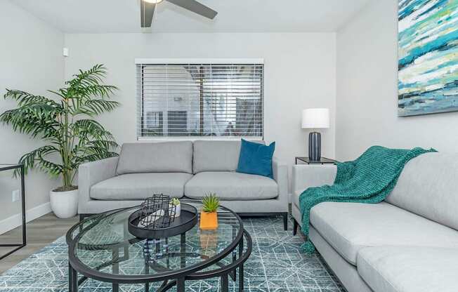 A living room with a glass coffee table and a grey couch.