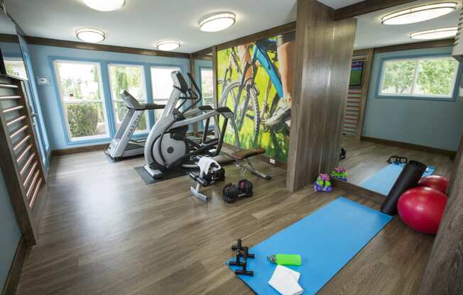 Abby Creek fitness center with a yoga mat and exercise ball, elliptical and treadmill