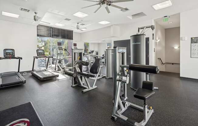 A gym with a variety of equipment including treadmills, weights, and a fan.