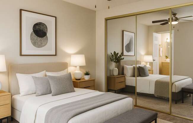 A bedroom with a large bed, a bench, and a mirror.