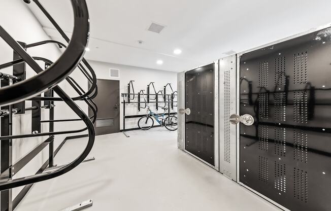 A bike room with storage at Preston Ridge, Cary NC