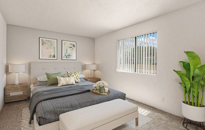 a bedroom with a bed and a window
