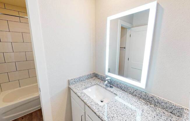 A bathroom with a white sink and a mirror.