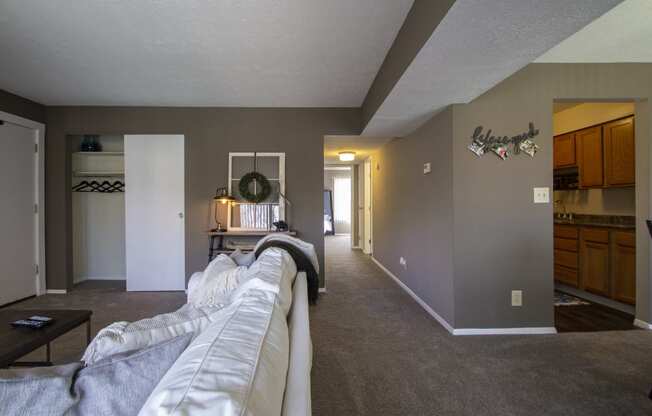 This is a photo of the living room in the 950 square foor, 2 bedroom apartment at Deer Hill Apartments in Cincinnati, OH.