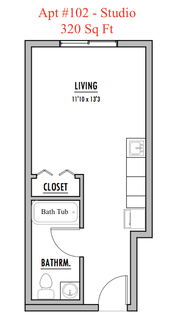 Studio, 1 bath, 320 sqft, $1,095, Unit #102