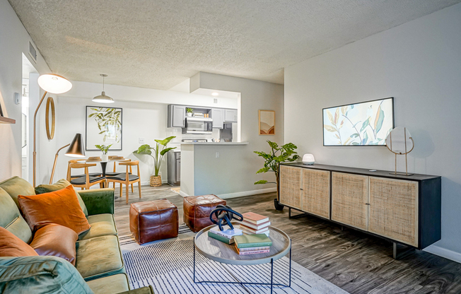 Fully furnished platinum living space and dining areas at Treehouse in Albuquerque, New Mexico