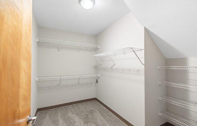 the spacious closet in the bedroom of a home with white walls and empty shelves