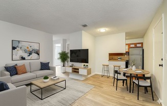 A living room with a grey couch, a coffee table, a television, and a dining table with chairs.