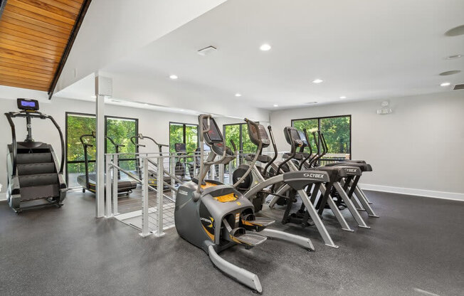 Community Fitness Center with Equipment at Dunwoody Village Apartments in Atlanta, GA.