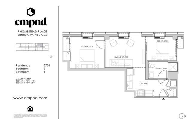 2 beds, 1 bath, 708 sqft, $3,400, Unit 2701