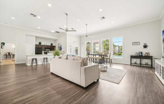 a living room with a couch and a table