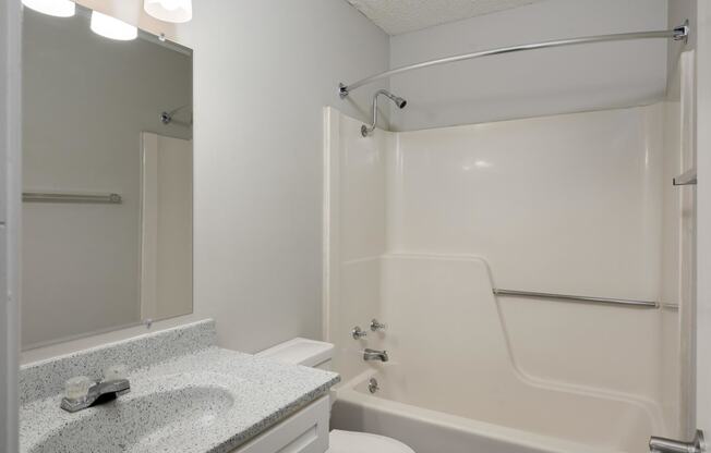 Bathroom With Light Grey Walls & Shower With Tub