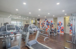 a gym with cardio equipment and mirrors in a building at Sunnyvale Crossings Apartments, LLC, California, 94087