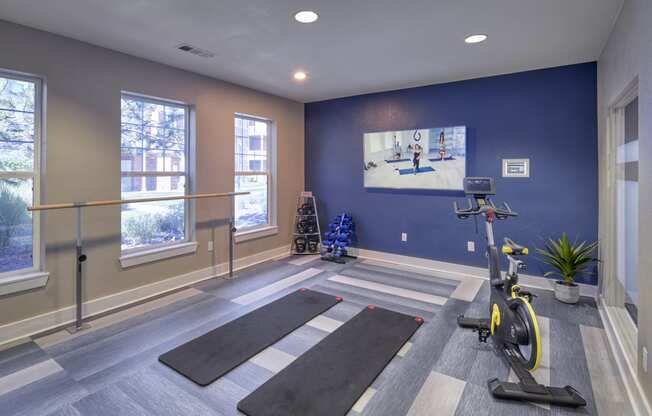 a gym with yoga mats and exercise equipment and a tv on the wall