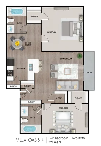 2 beds, 2 baths, 996 sqft, $1,050