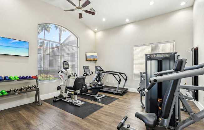 A home gym with a variety of equipment including a treadmill, weights, and a television.