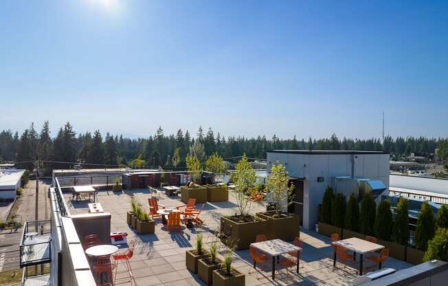 a view of the roof terrace with tables and chairs and potted plants at Ion Town Center, Shoreline, WA