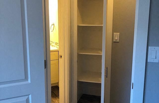 A white door opens to a small pantry with shelves.